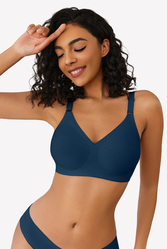 Navy blue wireless push-up bra, V-neck, full coverage, seamless smoothing, comfortable support