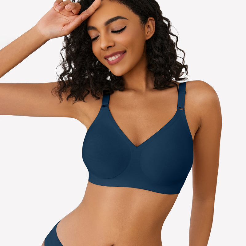 Navy blue wireless push-up bra, V-neck, full coverage, seamless smoothing, comfortable support