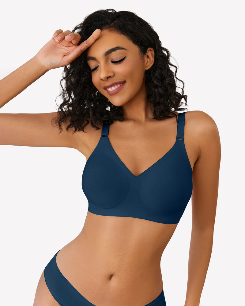Navy blue wireless push-up bra, V-neck, full coverage, seamless smoothing, comfortable support