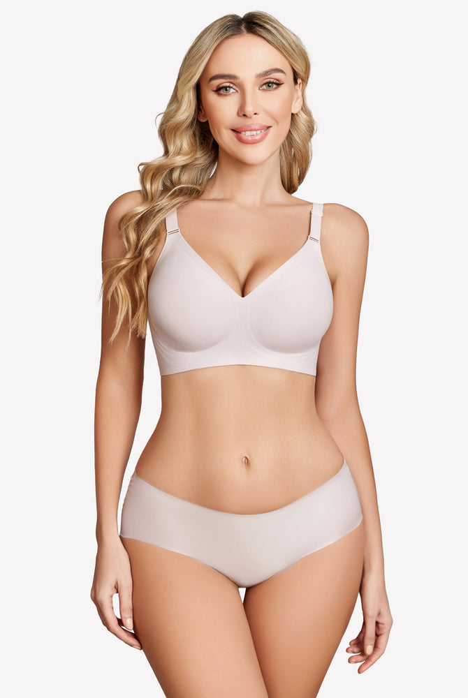 Beige wireless push-up bra and underwear set, full coverage, seamless smoothing