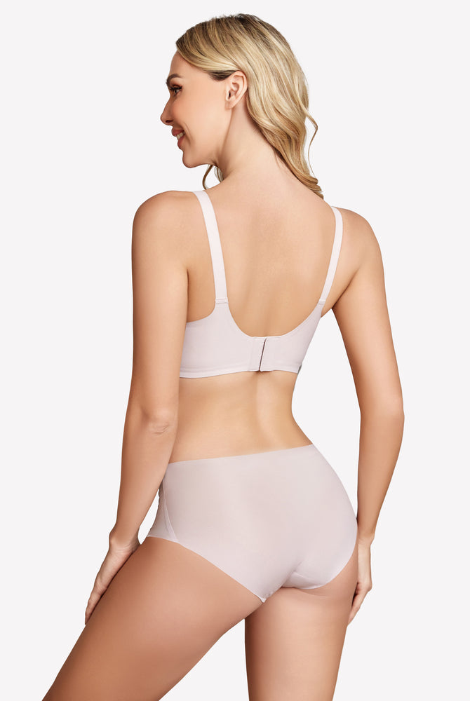 Beige wireless bra and underwear set, seamless design, full coverage, comfortable and supportive lingerie