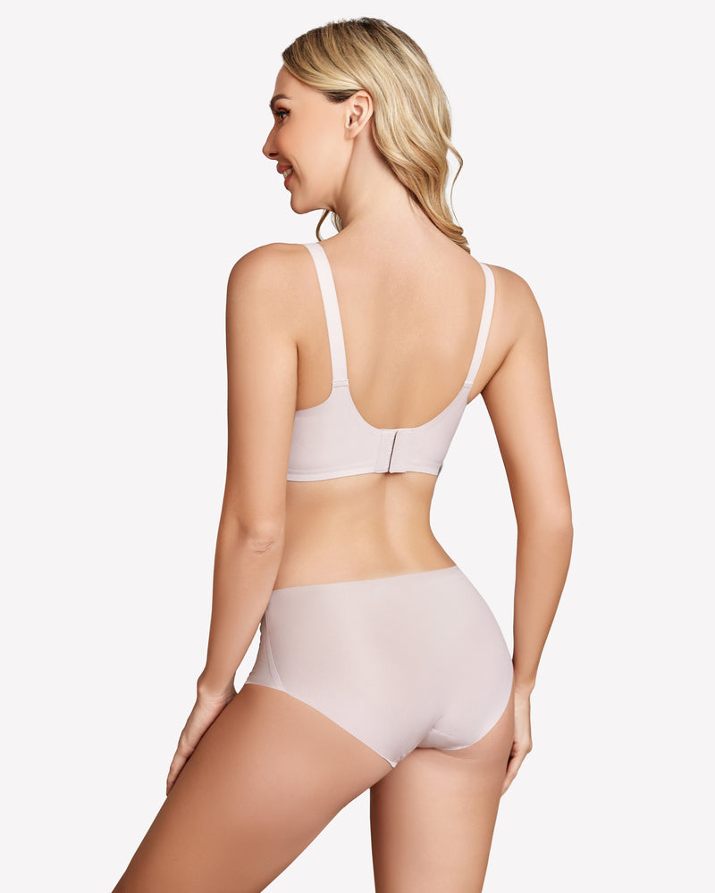 Beige wireless bra and underwear set, seamless design, full coverage, comfortable and supportive lingerie