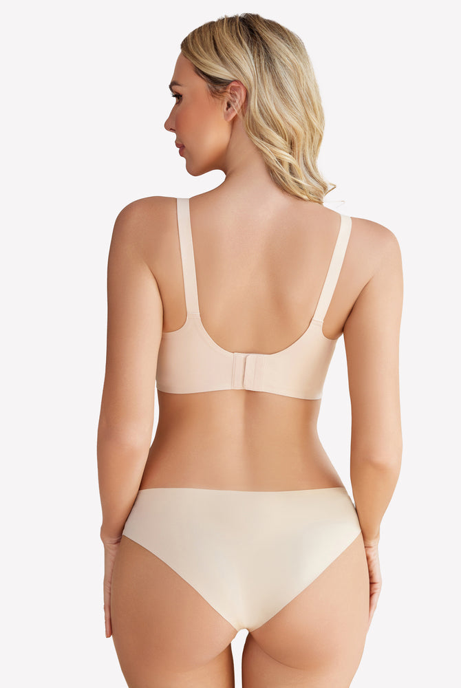 Beige wireless push-up bra and underwear set, full coverage, seamless smoothing, comfortable support