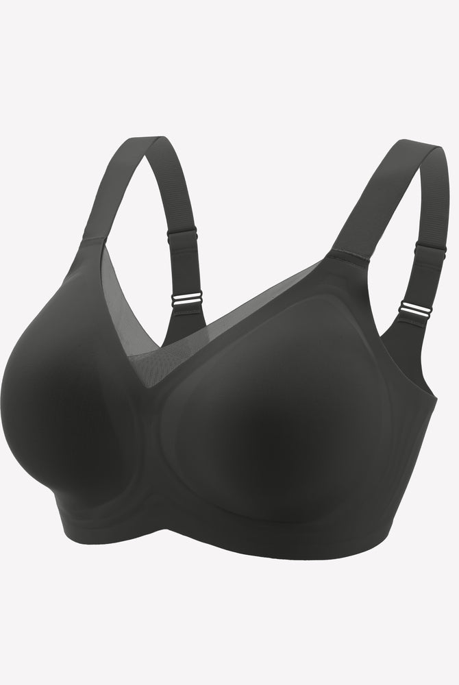 Seamless black comfort bra with no underwire, adjustable straps, and molded cups for all-day comfort