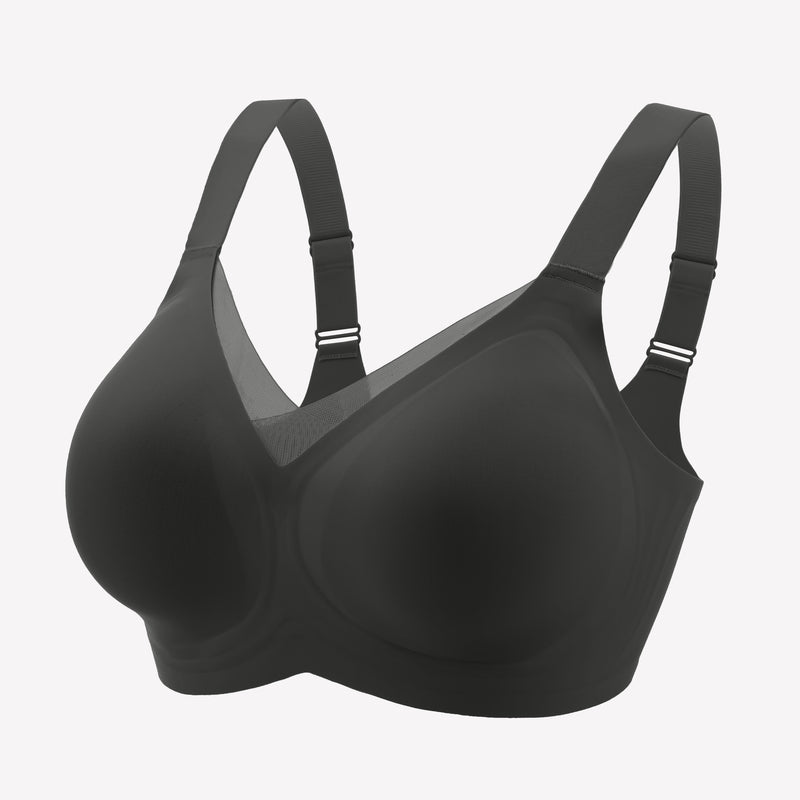 Seamless black comfort bra with no underwire, adjustable straps, and molded cups for all-day comfort
