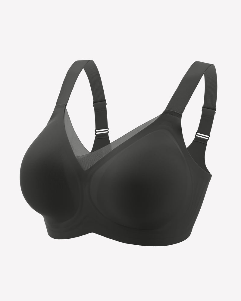 Seamless black comfort bra with no underwire, adjustable straps, and molded cups for all-day comfort