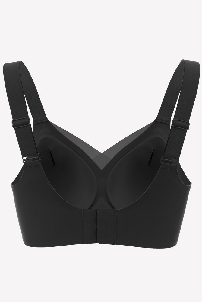 Black seamless comfort bra with adjustable straps and no underwire, perfect for all-day comfort