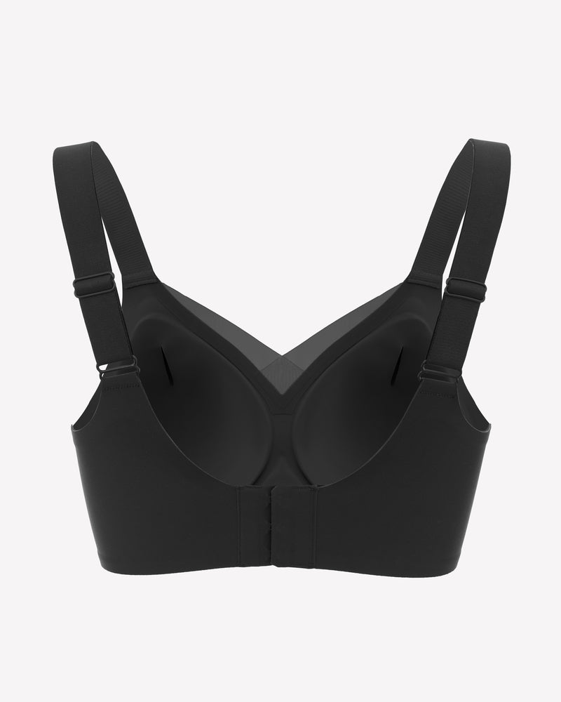 Black seamless comfort bra with adjustable straps and no underwire, perfect for all-day comfort