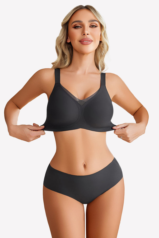 Black seamless comfort bra with no underwire, adjustable straps, and molded cups.