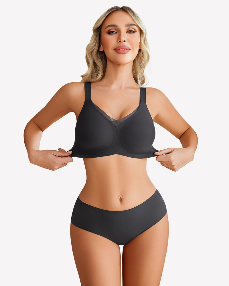 Black seamless comfort bra with no underwire, adjustable straps, and molded cups.