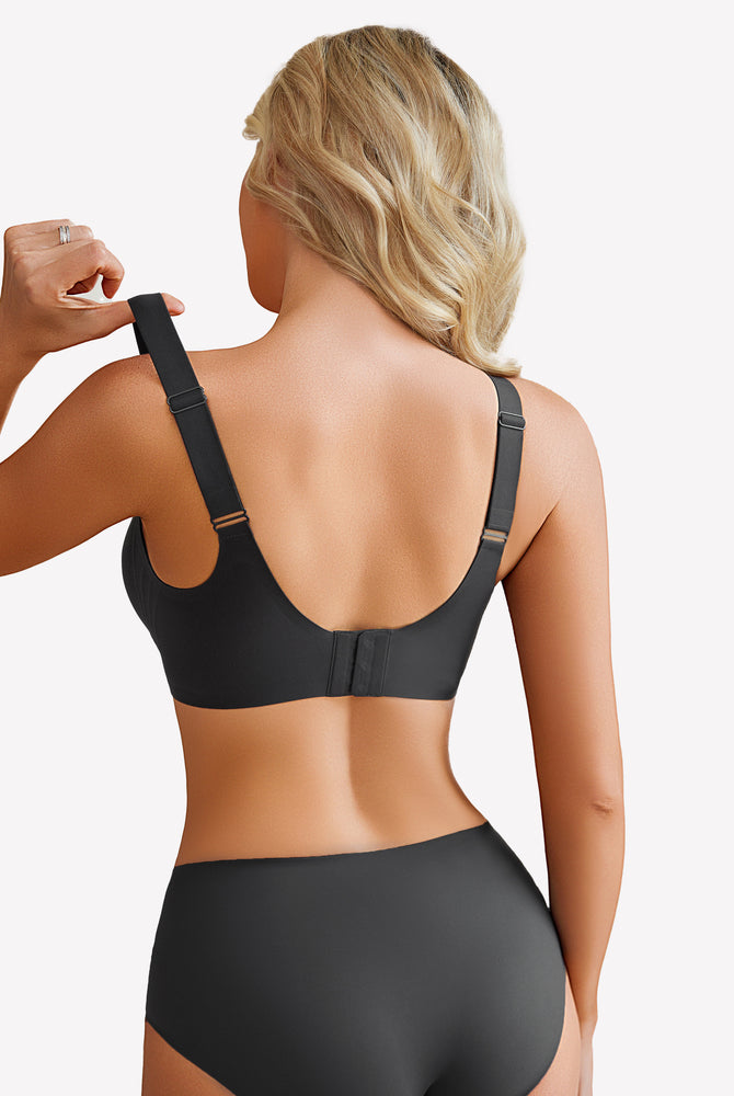 Black seamless comfort bra with adjustable straps and hook & eye closure