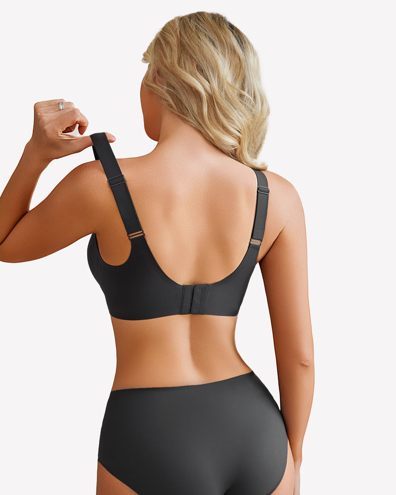 Black seamless comfort bra with adjustable straps and hook & eye closure
