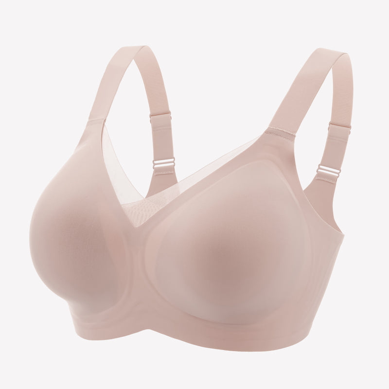 Seamless comfort bra in light pink, no underwire, adjustable straps, perfect for all-day comfort