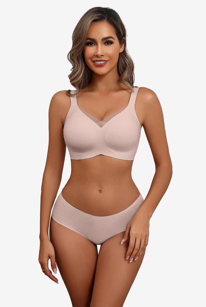 Nude seamless comfort bra and underwear set modeled by a smiling woman, perfect for all-day comfort