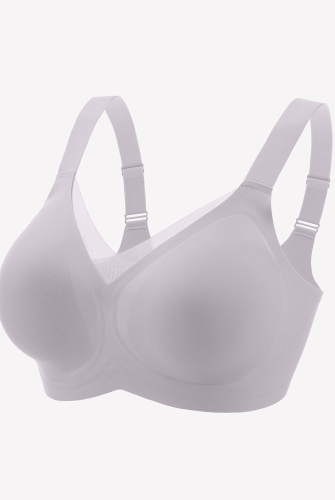Light gray seamless comfort bra with adjustable straps and no underwire, perfect for all-day comfort