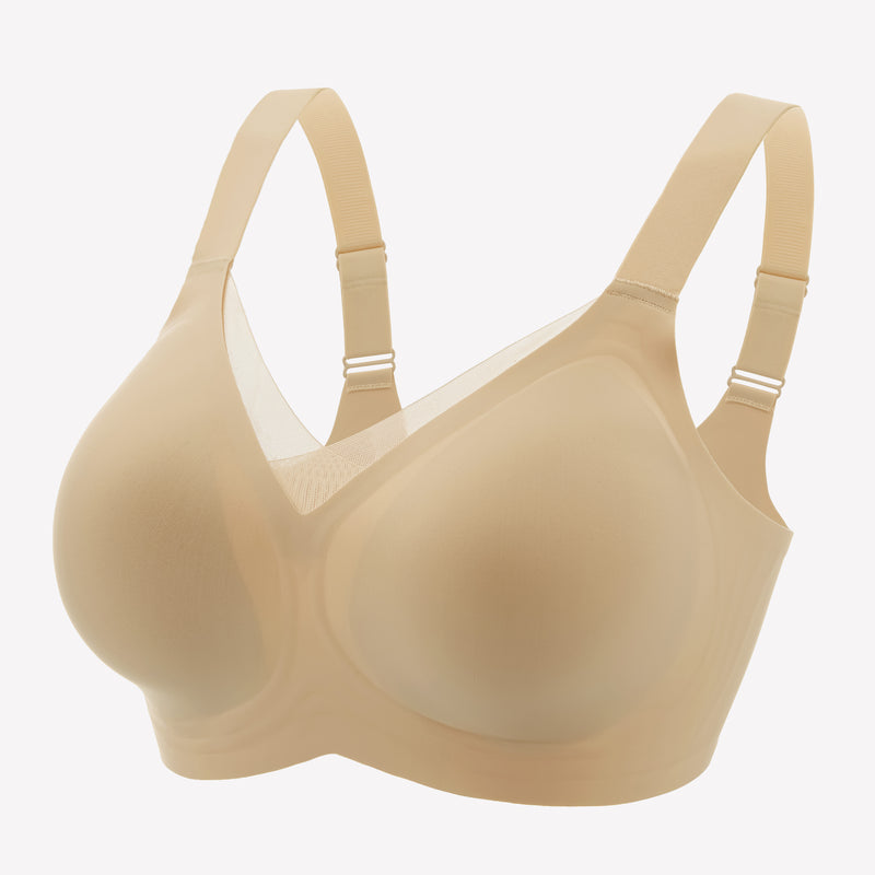 Beige seamless comfort bra with adjustable straps and no underwire, perfect for all-day comfort