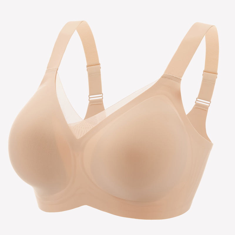 Seamless beige comfort bra with adjustable straps and wire-free design for all-day comfort