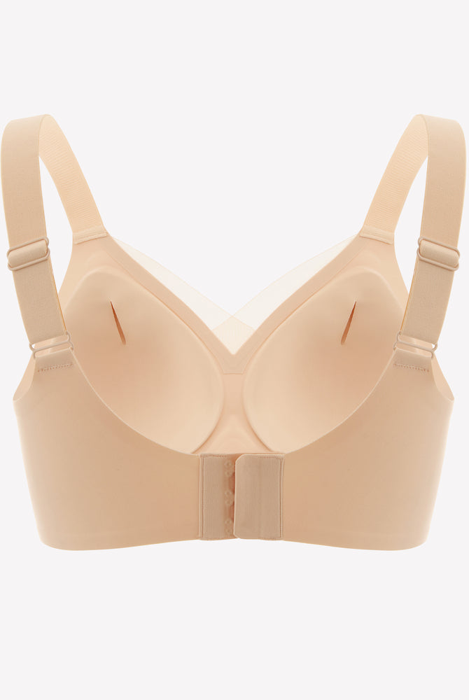 Beige seamless comfort bra with adjustable straps and hook & eye closure