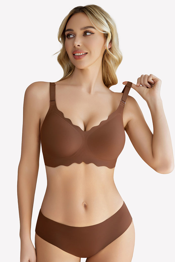 Brown wireless push up bra with scalloped edge and matching underwear, soft nylon, comfortable fit