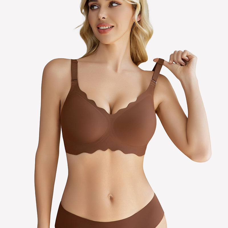 Brown wireless push up bra with scalloped edge and matching underwear, soft nylon, comfortable fit