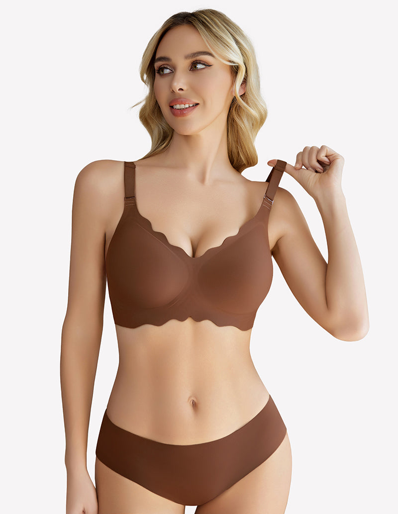 Brown wireless push up bra with scalloped edge and matching underwear, soft nylon, comfortable fit