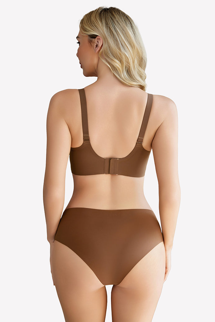 Brown wireless full coverage bra and matching underwear set, silky soft nylon, comfortable fit