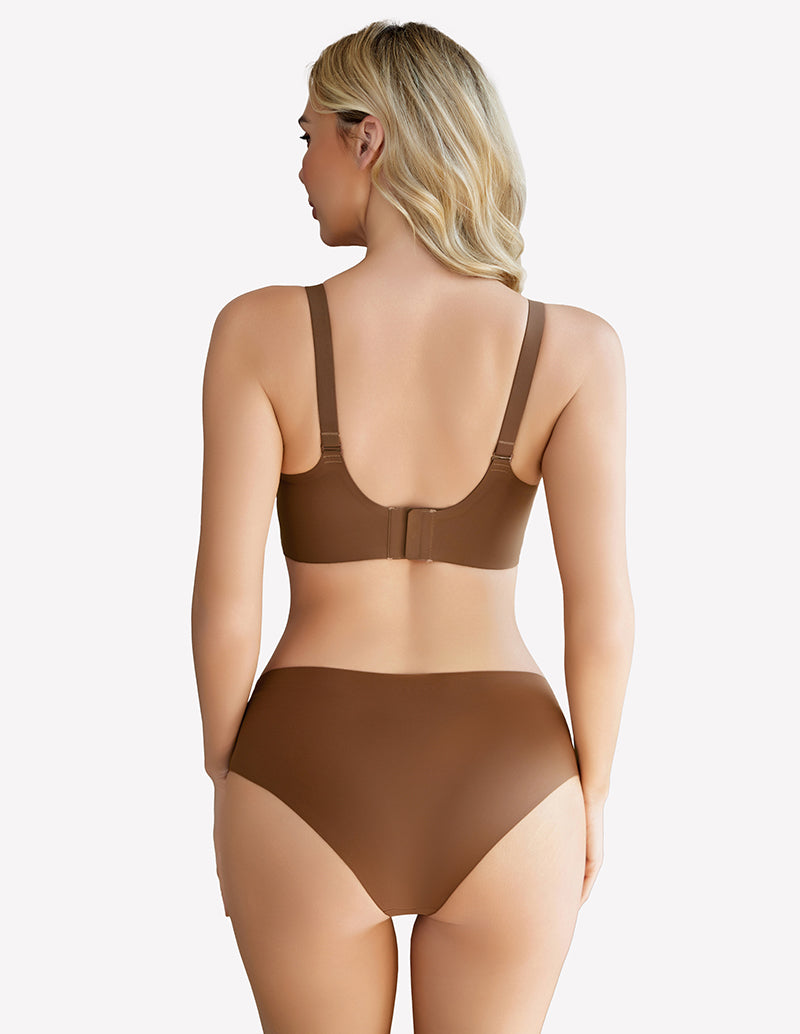 Brown wireless full coverage bra and matching underwear set, silky soft nylon, comfortable fit