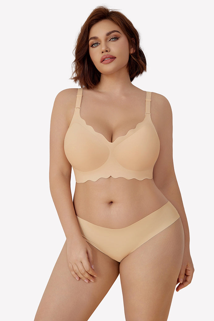 Beige wireless push up bra and underwear set with scalloped edge, soft and comfortable