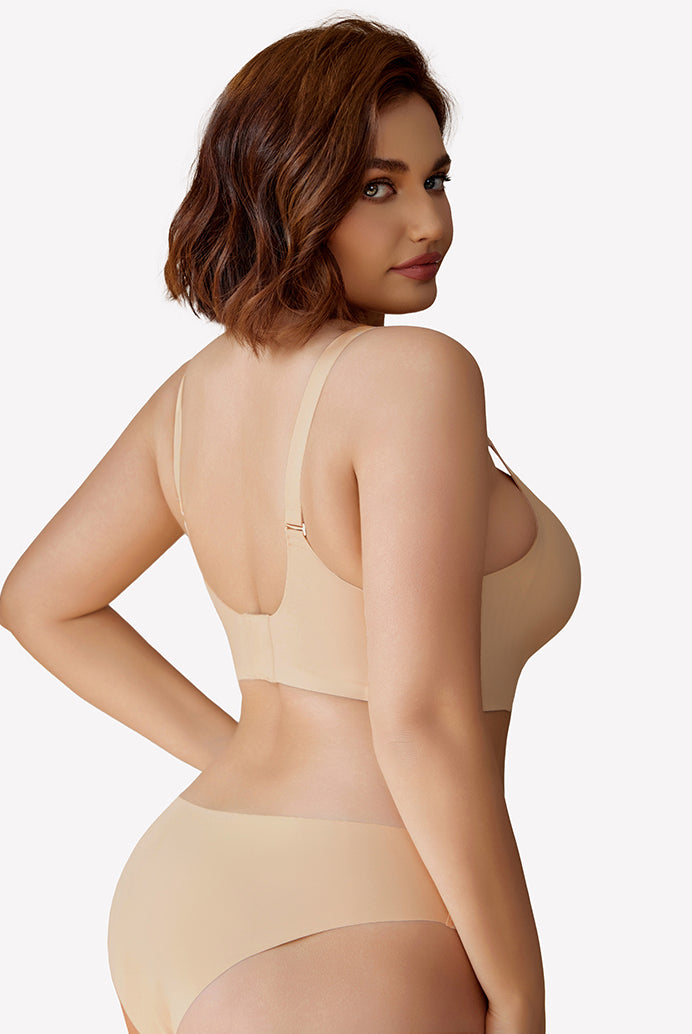Beige wireless full coverage push up bra and underwear set, silky soft nylon, comfortable fit