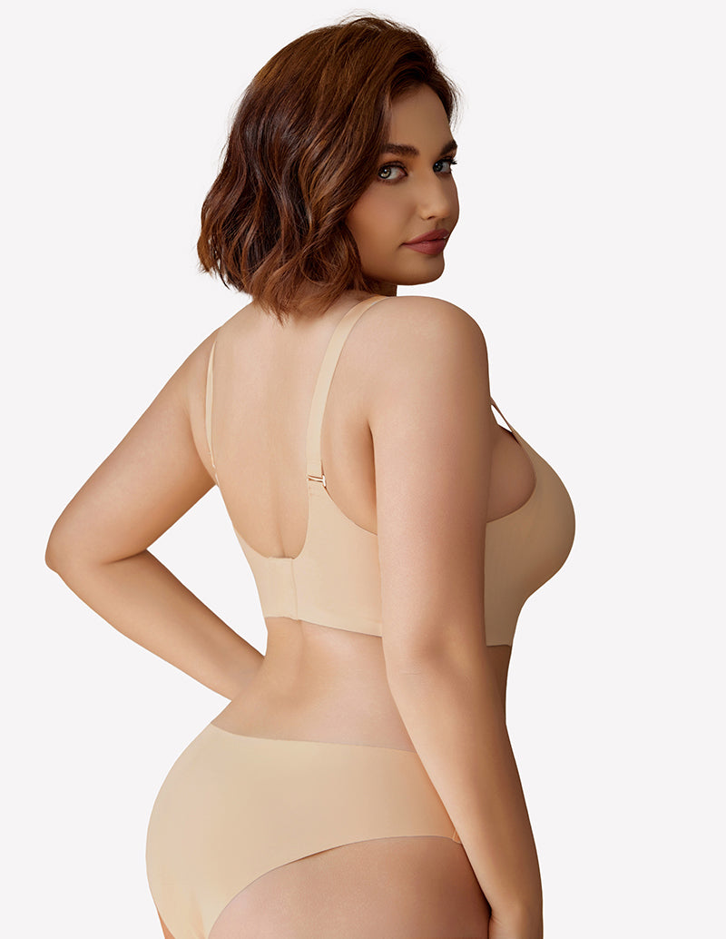 Beige wireless full coverage push up bra and underwear set, silky soft nylon, comfortable fit