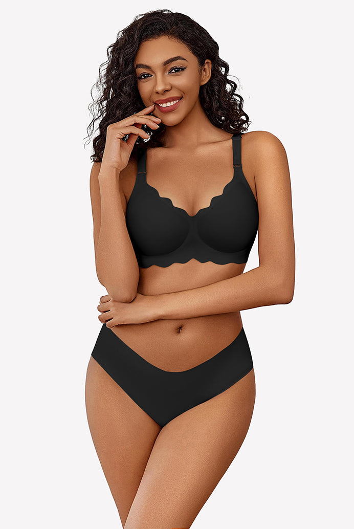 Black wireless push up bra with scalloped edge and matching underwear, soft nylon