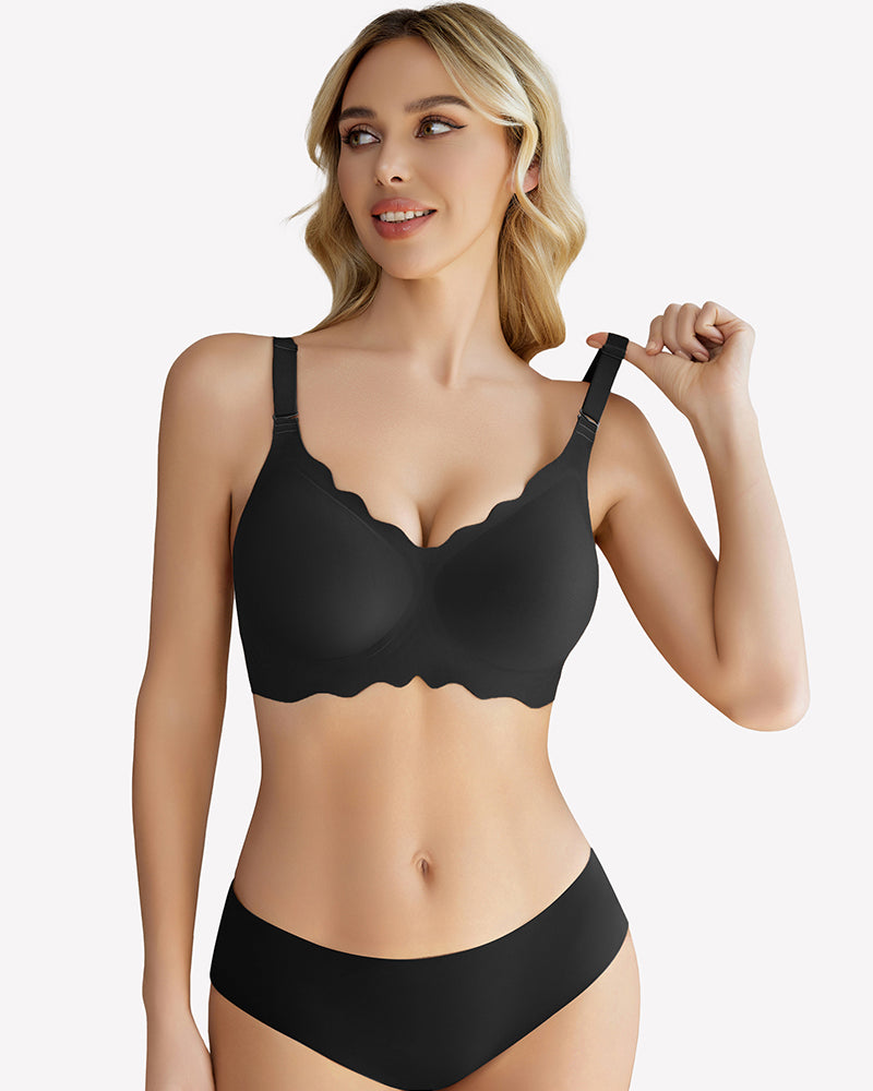 Black wireless full-coverage push-up bra with scalloped neckline and wide straps