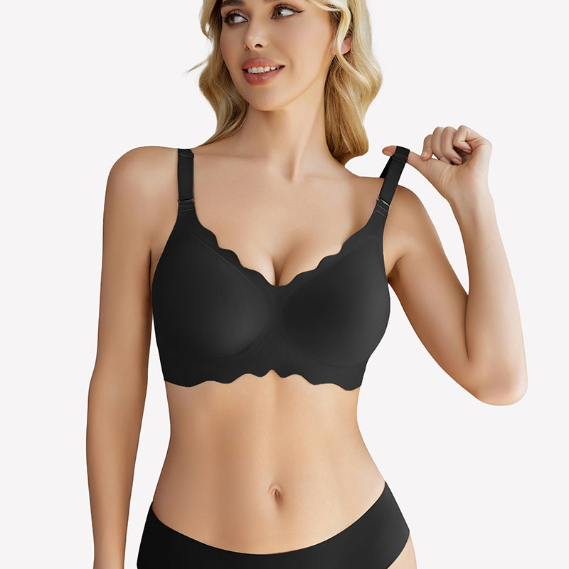 Black wireless full coverage push up bra with scalloped edge, model wearing matching underwear