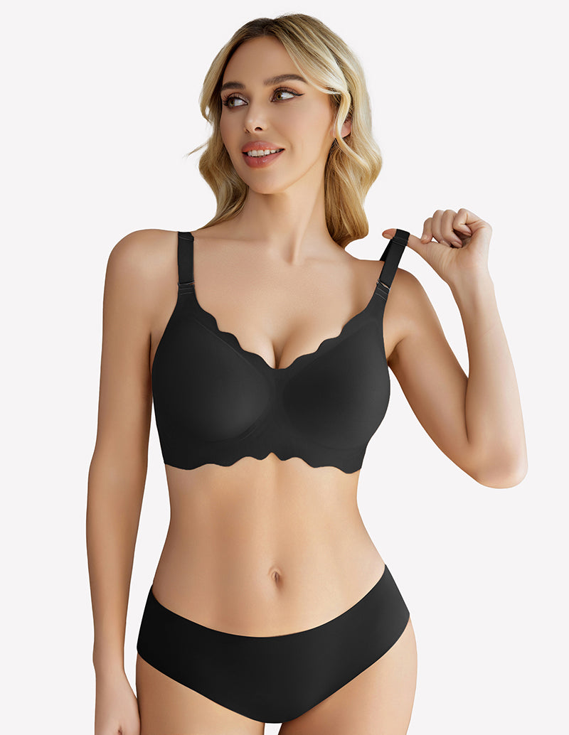 Black wireless full coverage push up bra with scalloped edge, model wearing matching underwear