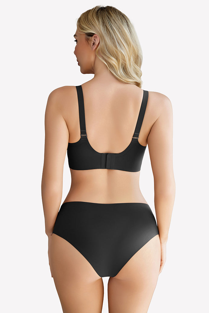 Black wireless full coverage bra and matching underwear set, silky soft nylon, comfortable fit