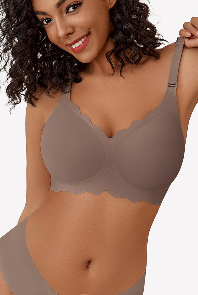 Taupe scalloped edge wireless full coverage push up bra and underwear set, silky soft nylon