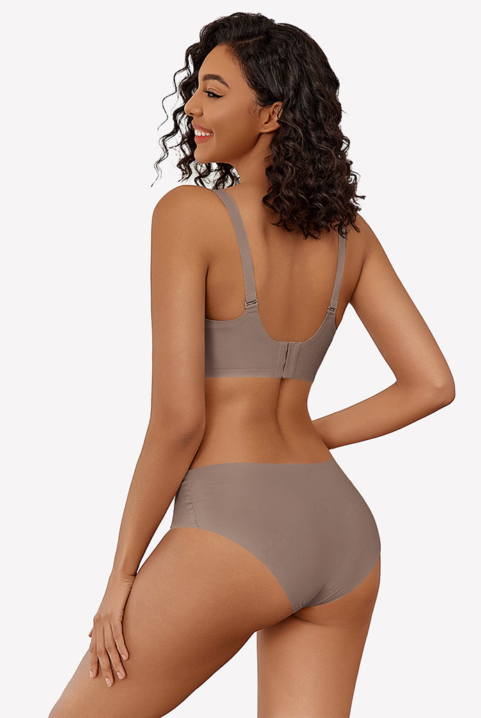 Taupe wireless full coverage bra and underwear set, silky soft nylon, comfortable fit
