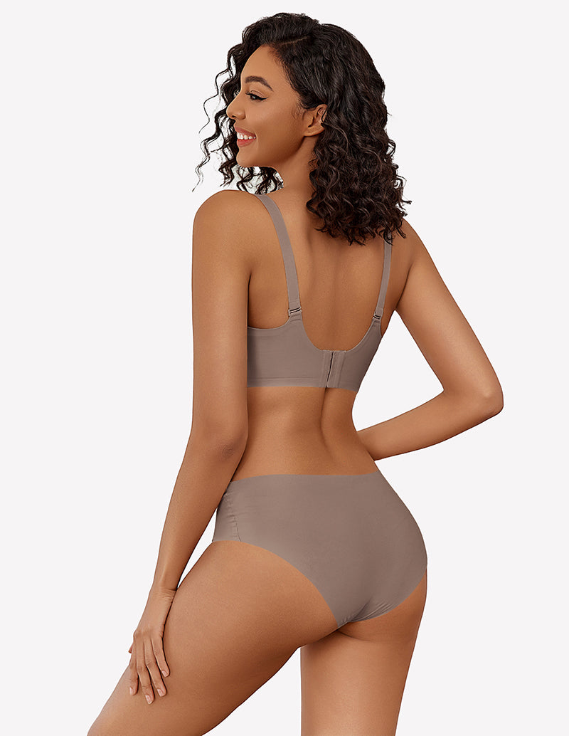 Taupe wireless full coverage bra and underwear set, silky soft nylon, comfortable fit