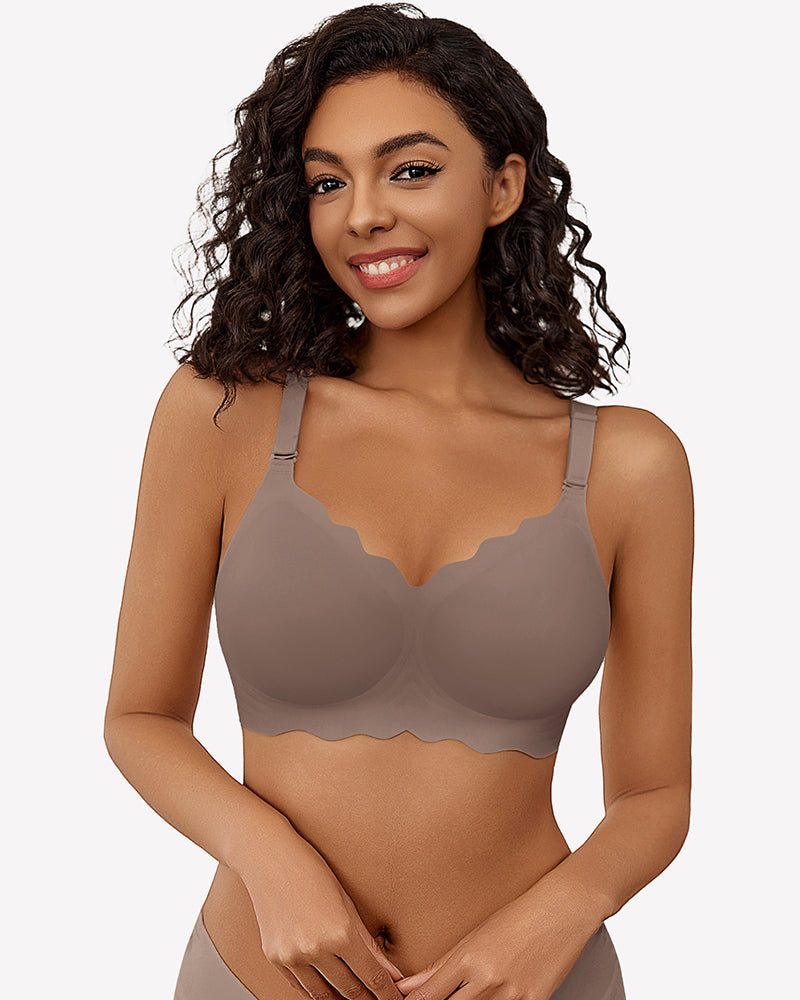 Dark grey wireless full-coverage push-up bra and briefs with smooth scalloped cups