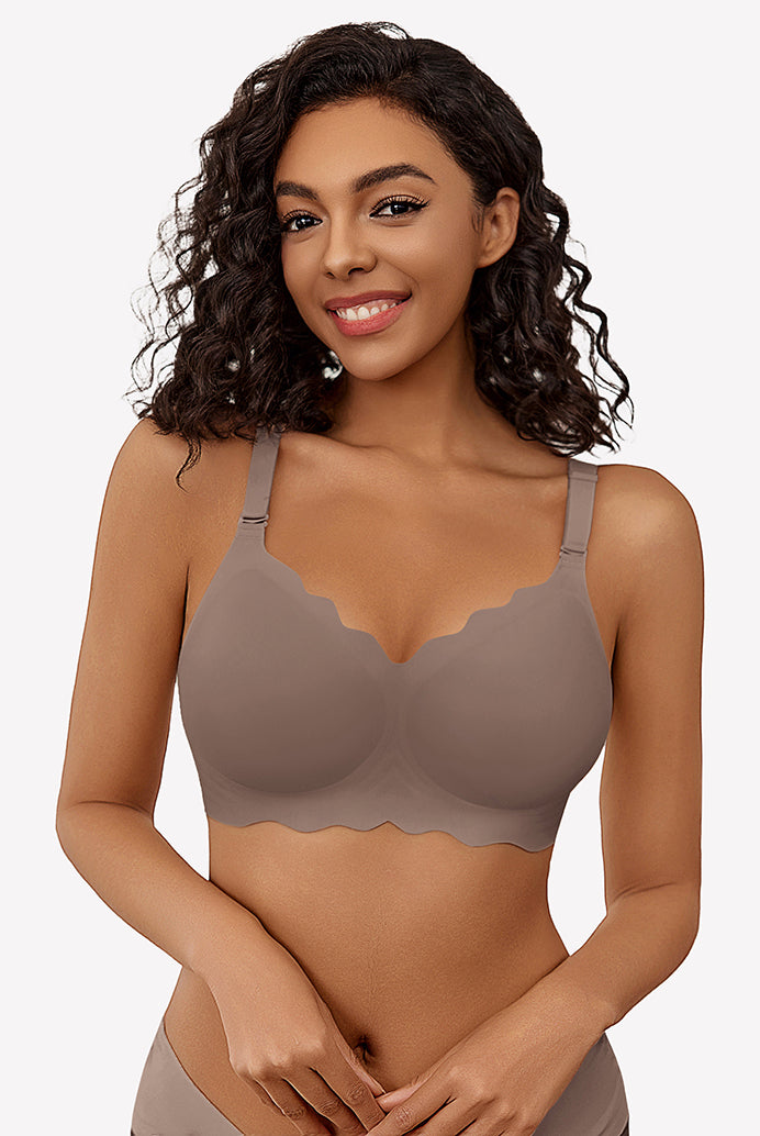 Taupe scalloped edge wireless full coverage bra and underwear set, soft nylon