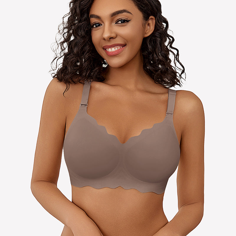 Taupe scalloped edge wireless full coverage bra and underwear set, soft nylon