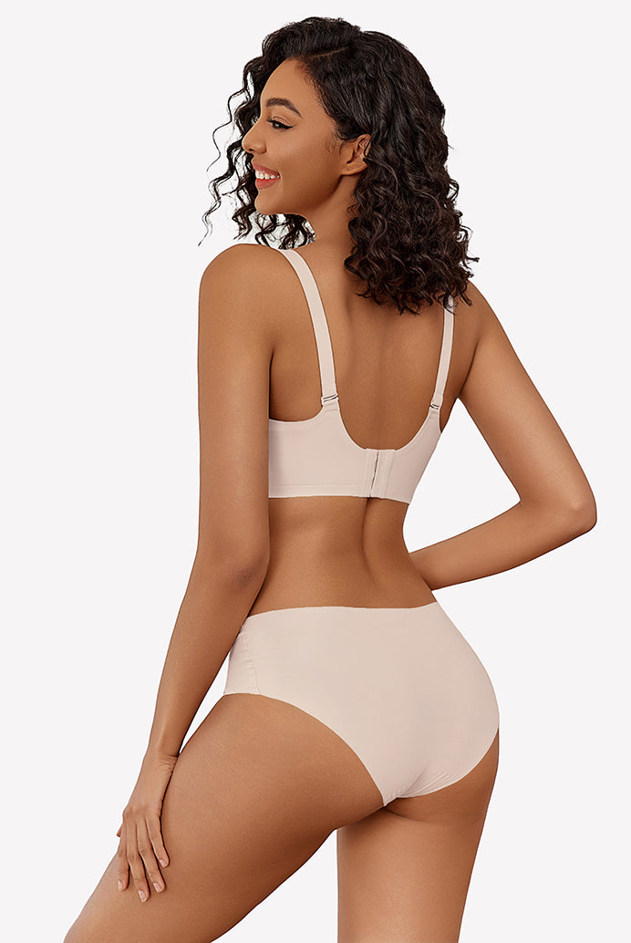 Beige wireless full coverage bra and underwear set, silky soft nylon, comfortable fit