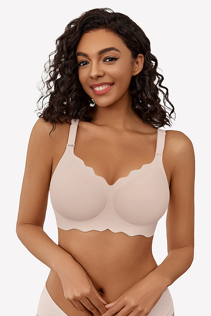 Beige wireless full coverage push up bra with scalloped edge, silky soft nylon, comfortable fit