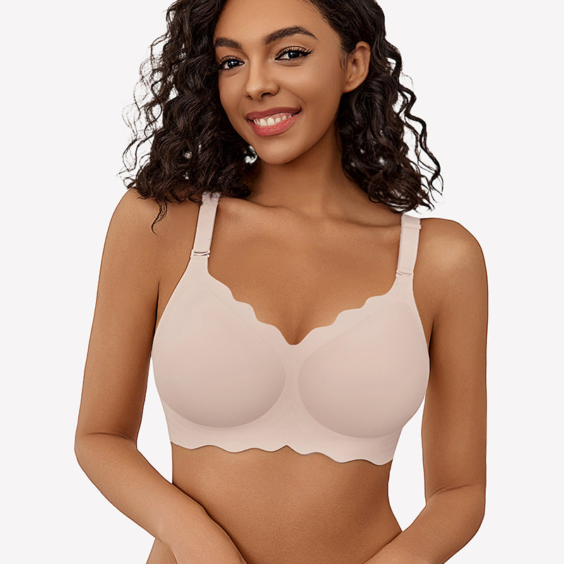 Beige wireless full coverage push up bra with scalloped edge, silky soft nylon, comfortable fit