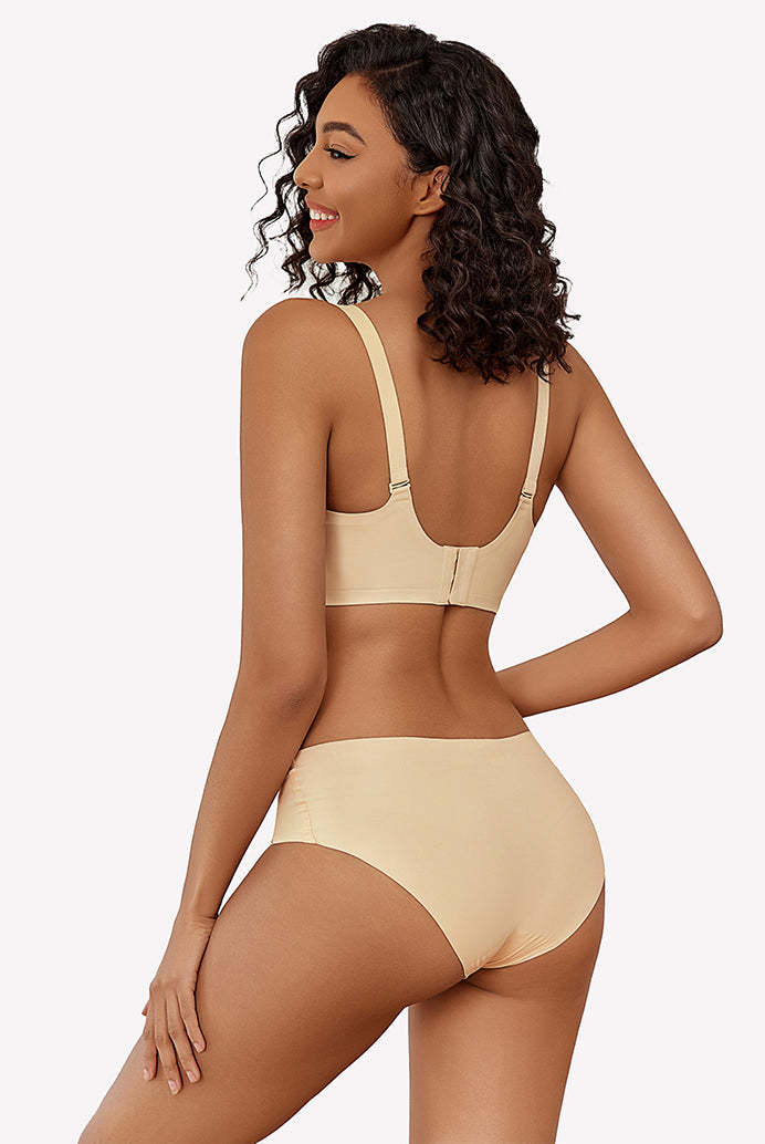 Beige wireless full coverage push up bra and underwear set, smiling model