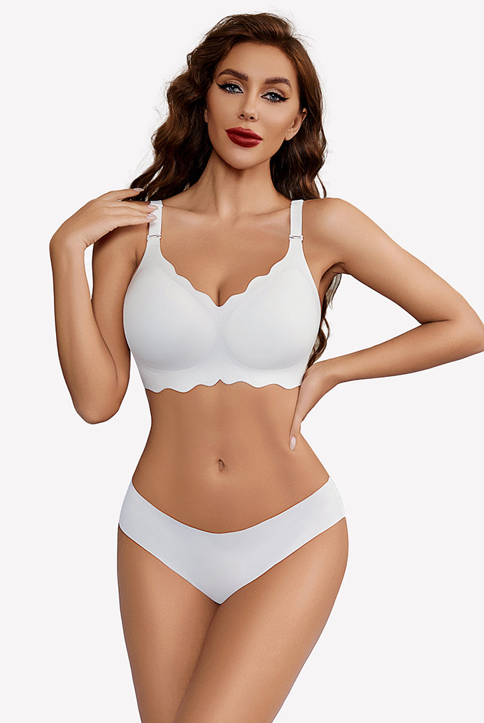 White wireless full coverage push up bra and underwear set with scalloped edge, silky soft nylon
