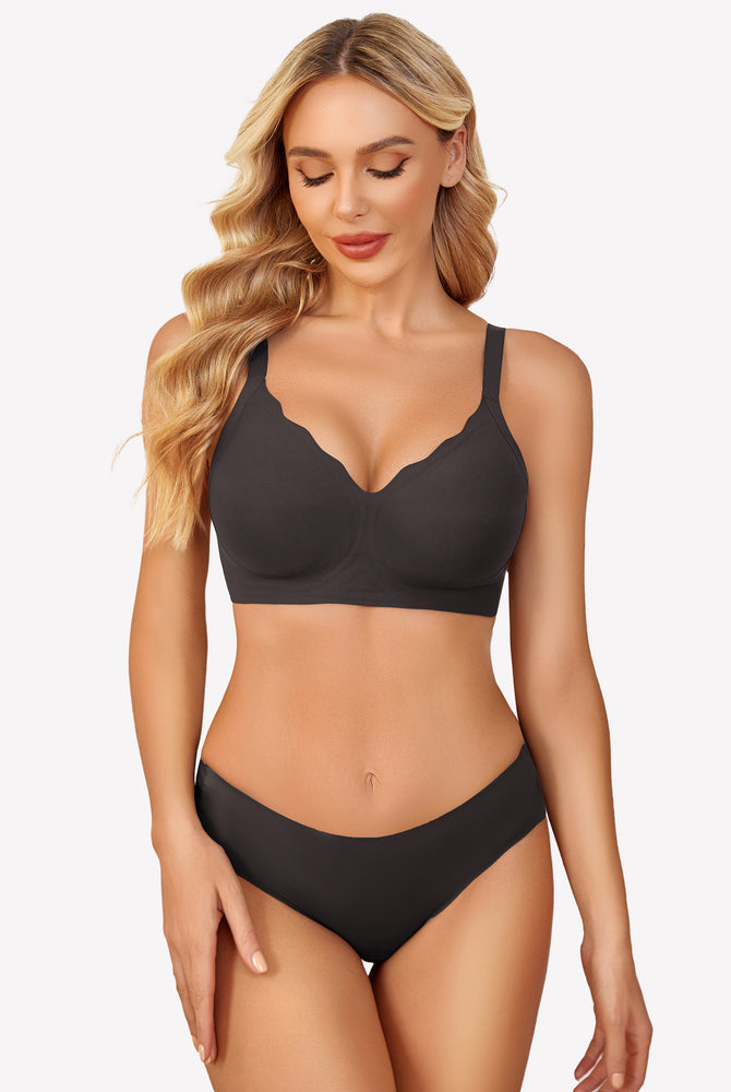 Black seamless push-up bralette, petal neckline, wireless bra and underwear set