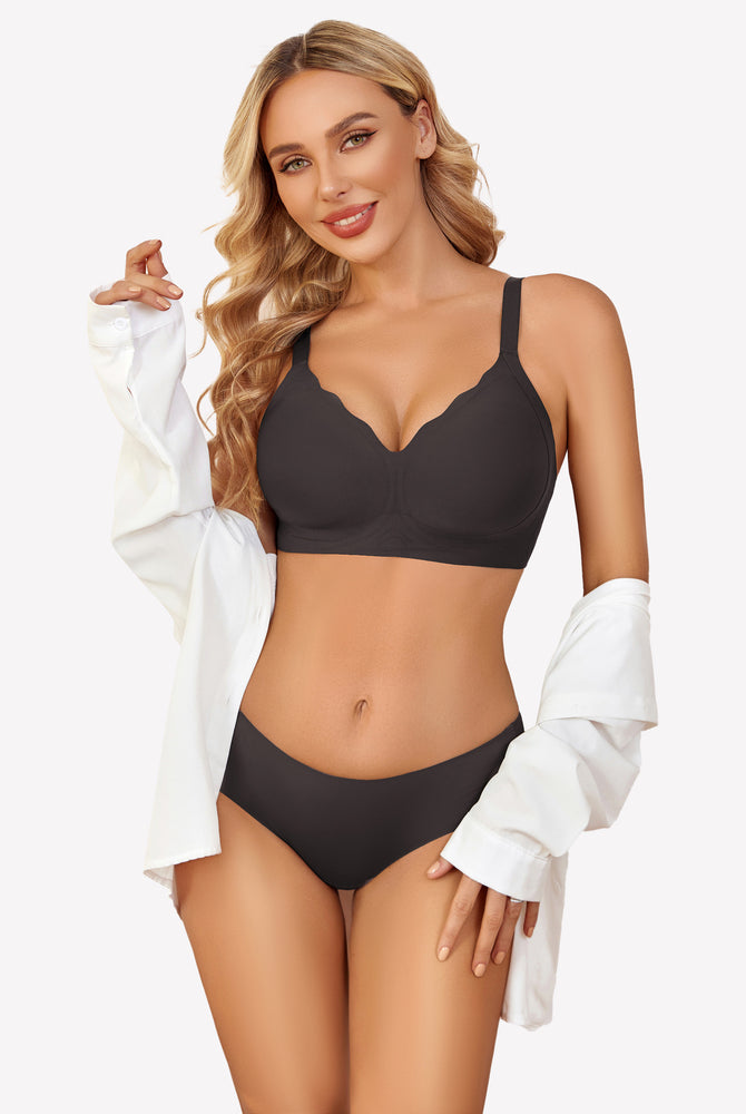Dark gray seamless push-up bralette set, petal neckline, wireless bra for comfort