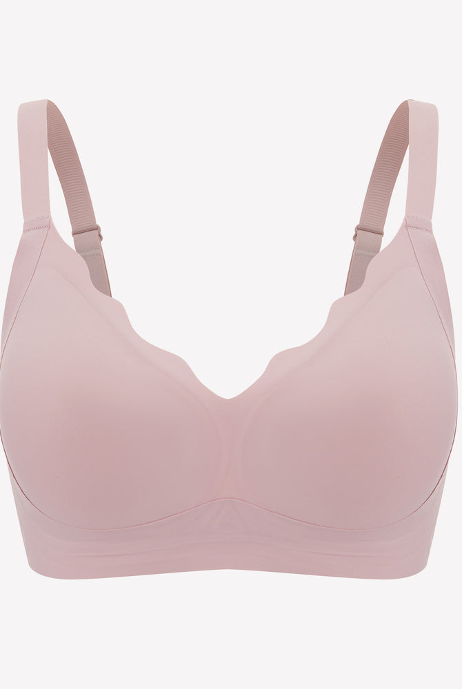Seamless push-up bralette in light pink with petal neckline, wireless bra for comfort and support