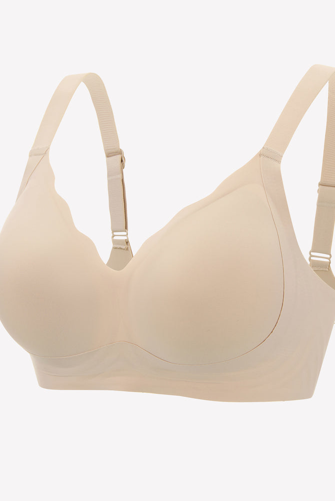 Beige seamless push-up bralette, petal neckline, wireless bra for comfort and support.